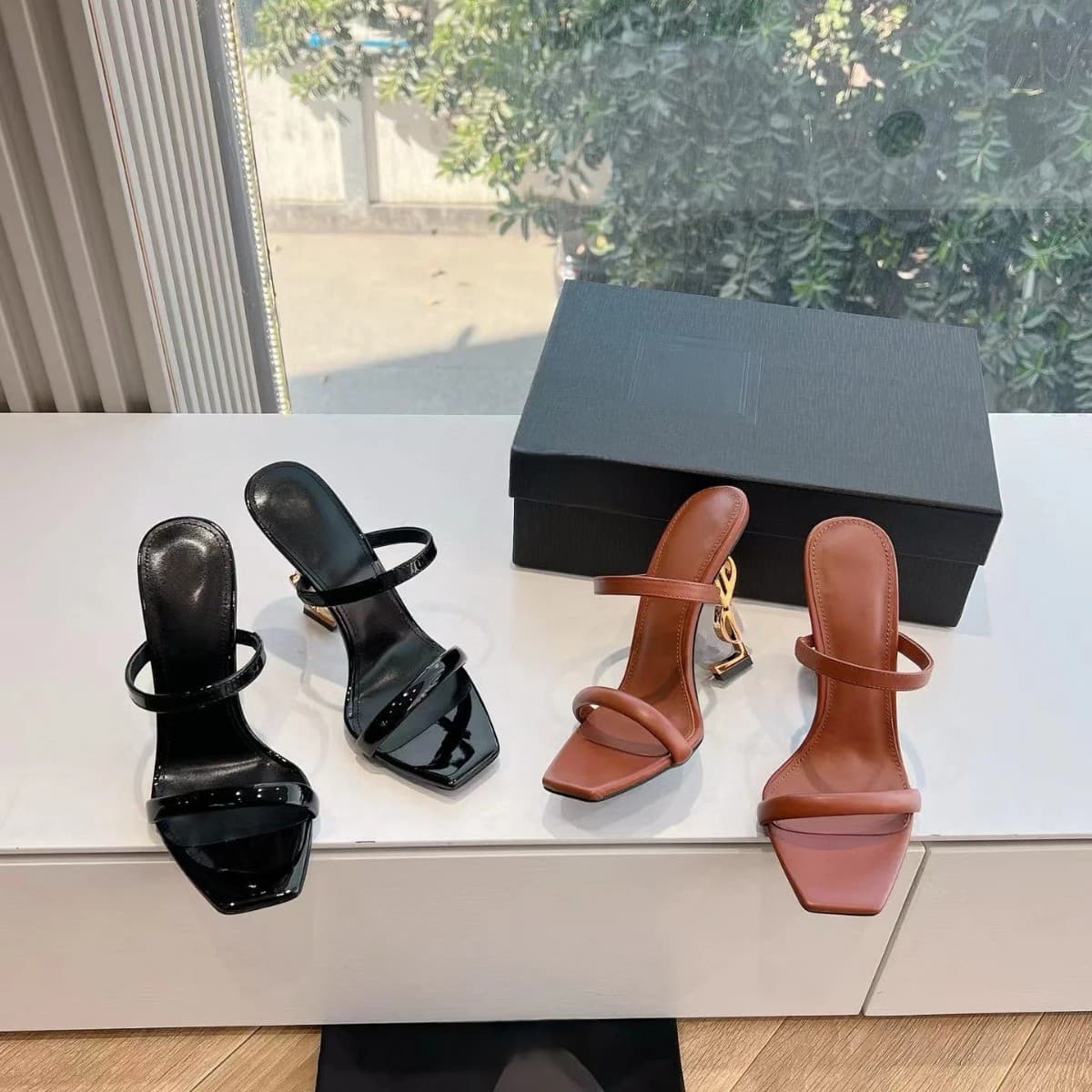 YSL 2026 Early Spring New Fashion Hollow Square Toe Thin Strap Celebrity Style High Heel Sandals Women Sexy Open Toe