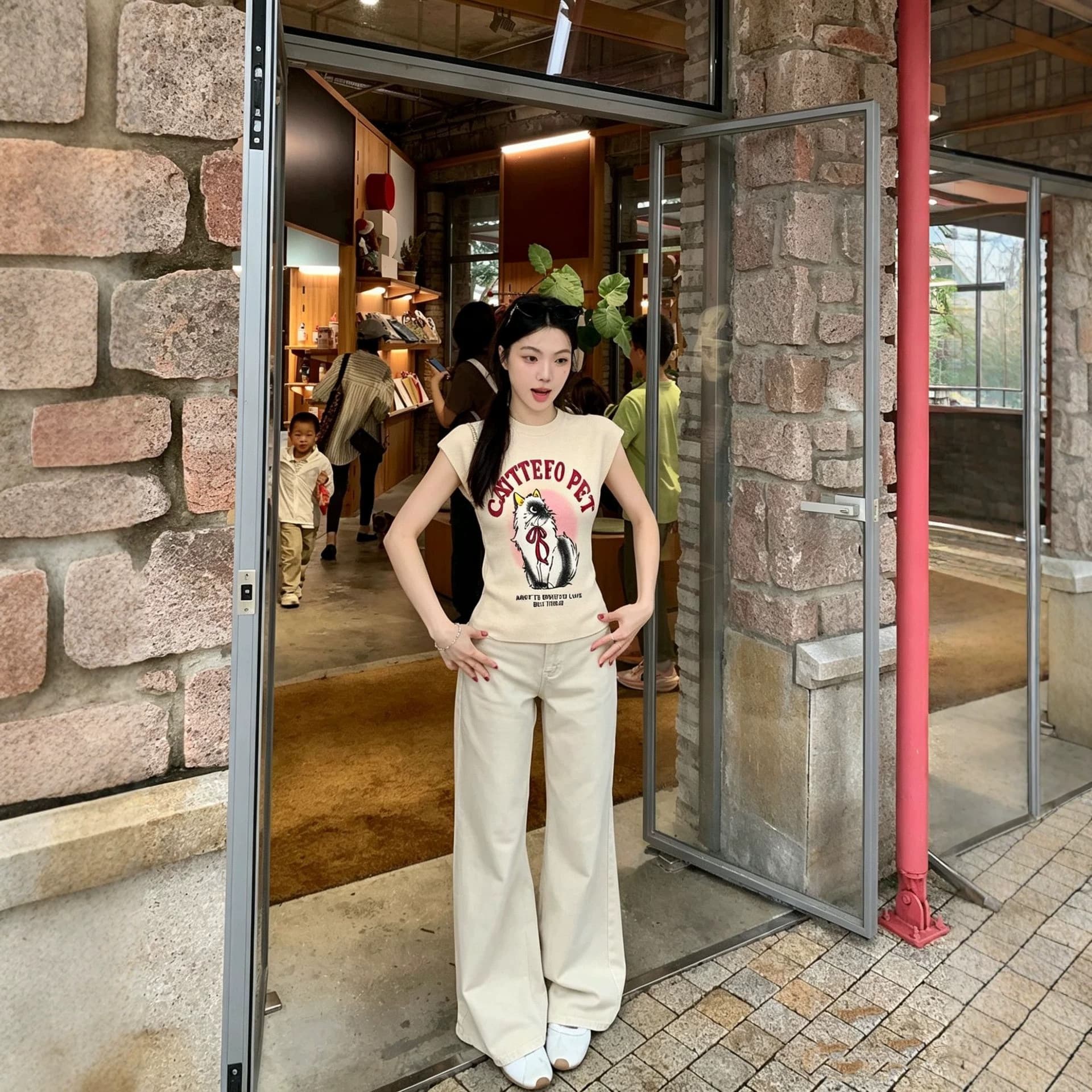 Korean Sweet Fun Print Short-Sleeve Knit Top 2026 Summer Slim Fit Casual Stylish Versatile Blouse
