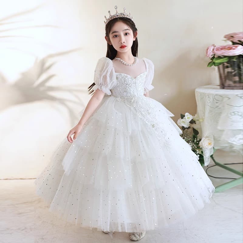 Big girl catwalk dress new large size white puff sleeves puffy yarn princess dress girl piano performance dress