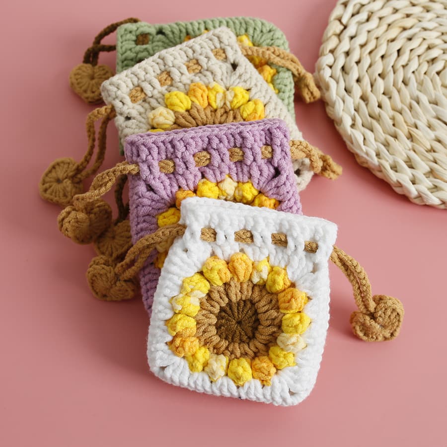 Sweet sunflower hand-woven mini drawstring bag, snowflake five-ply wool crocheted earphone case, sunflower coin purse