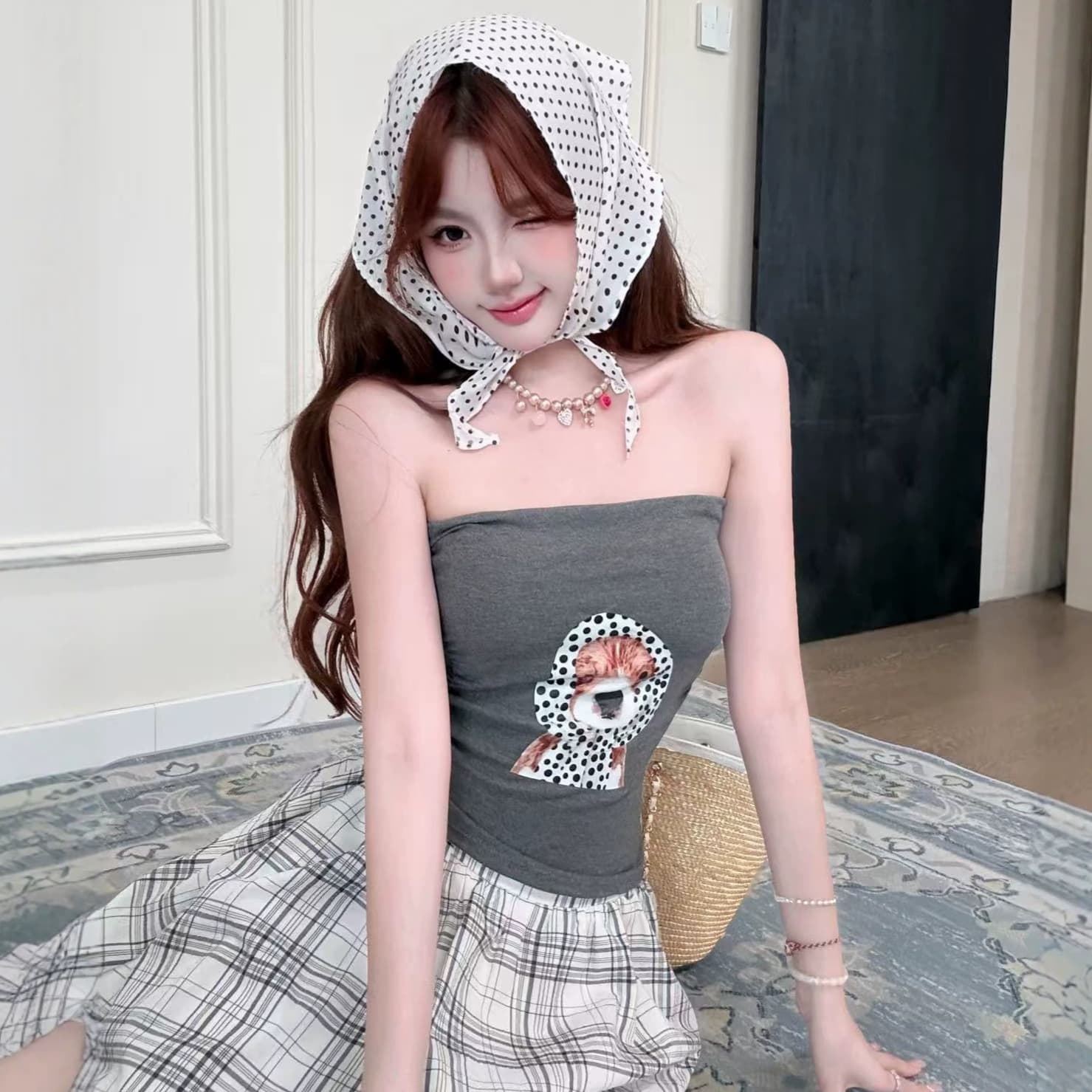 5653# Dog Print Headscarf Tube Top for Women Summer Slim Fit Visible Hot Girl Style with Padded Bra Top