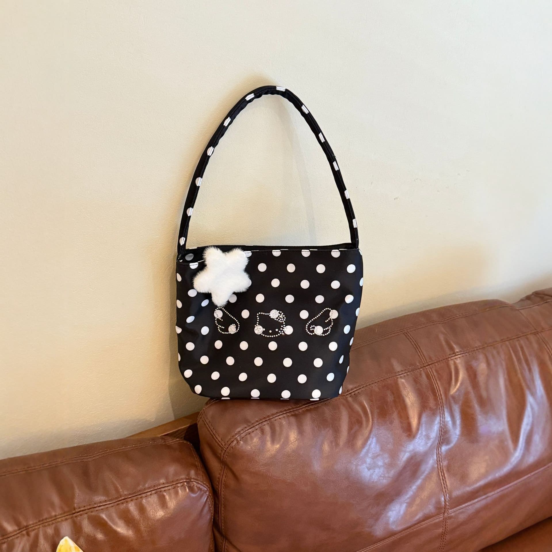 Fashion Korean Niche Kitty Underarm Bag Commuter Zipper Small Square Bag Black and White Polka Dot Shoulder Bag Handbag