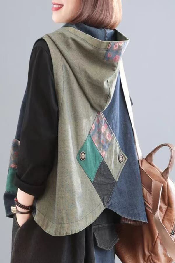 Spring/Autumn New Korean Style Oversize Concealing Retro Distressed Hooded Print Patchwork Denim Vest for Women