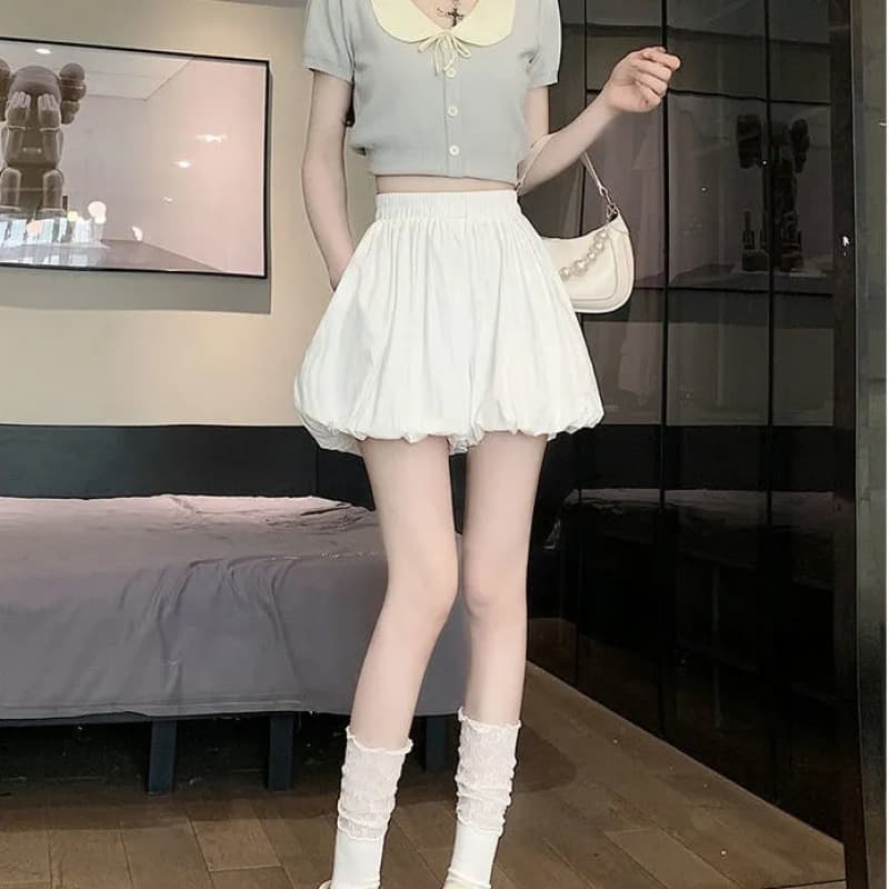 Simple and elegant new summer women's suit set, featuring a chic and beautiful puff sleeve short T-shirt, high-waisted slimming cloud-patterned tulip skirt.