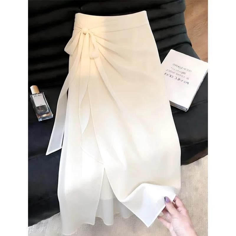 Designer High-Waist Skirt for Women 2026 Summer New Tie-Detail Elegant Gentle Style Fashionable Split Long Skirt
