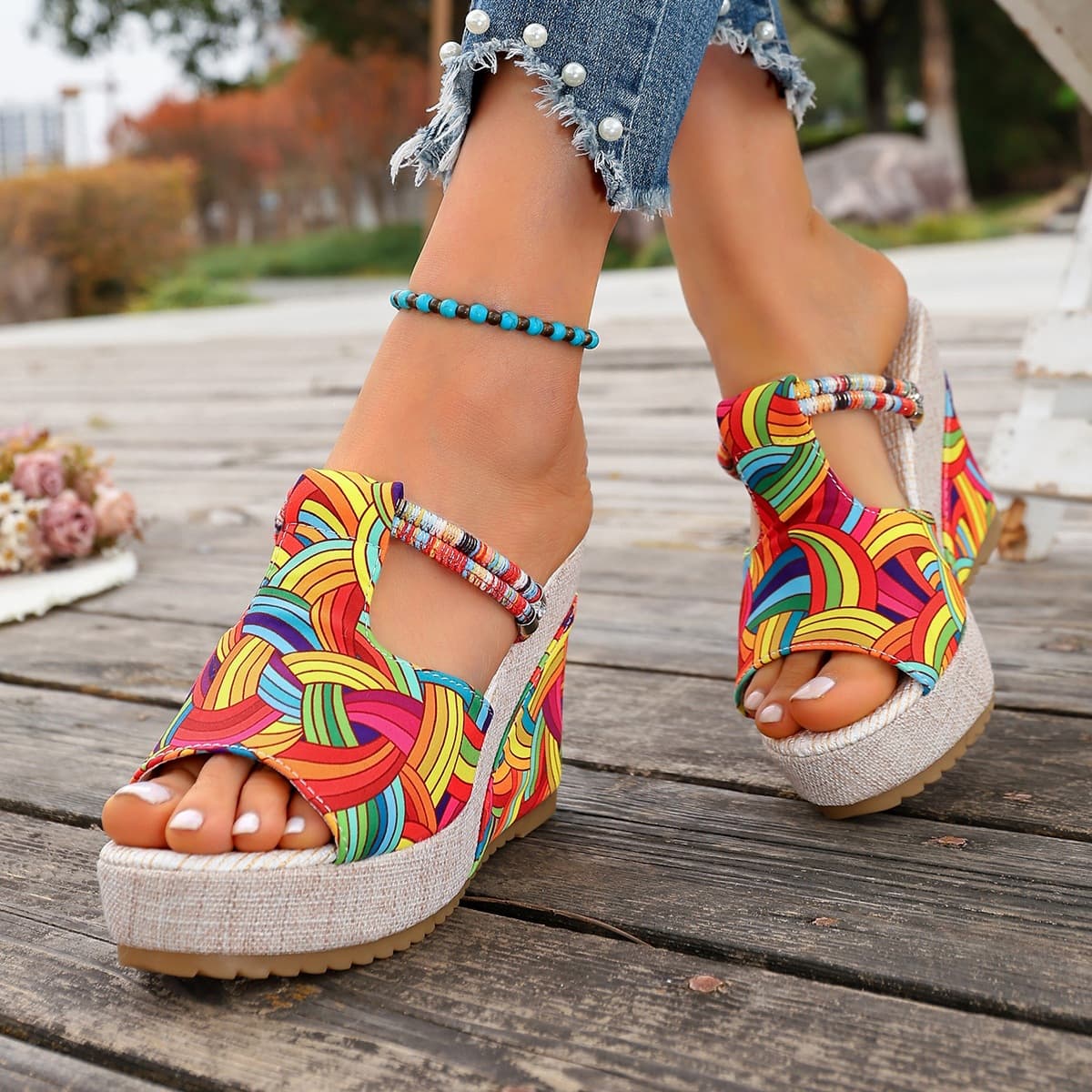 New Summer Colorful Printed Platform Wedge High Heel Peep Toe Sandals Bohemian Beach Vacation Casual