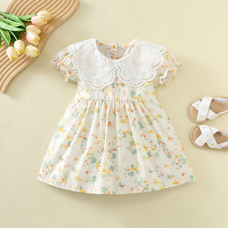Girls Summer Floral Dress Baby Lace Large Lapel Puff Sleeve Princess Dress Children's Cotton Skirt New Style