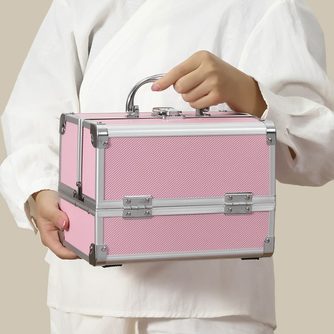 Makeup Case Handheld Aluminum Alloy Storage Box Large Capacity with Mirror Professional Makeup Artist Portable Multi-Layer Small Tool Box