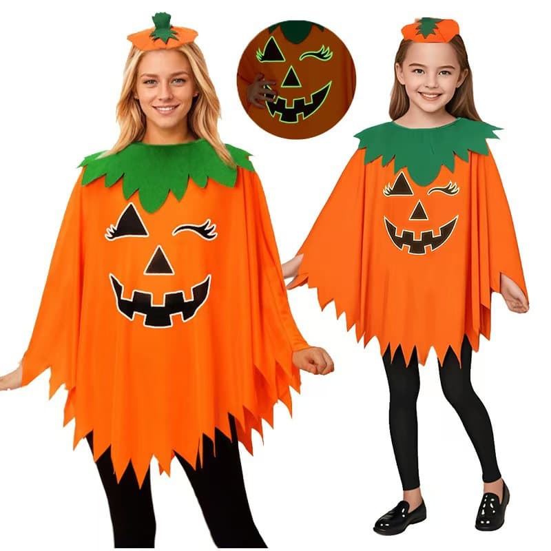 Halloween Kids Pumpkin Cape Set, Parent-Child Performance Costume, Glow-in-the-Dark Cloak Cape Pumpkin Hat Dress-Up
