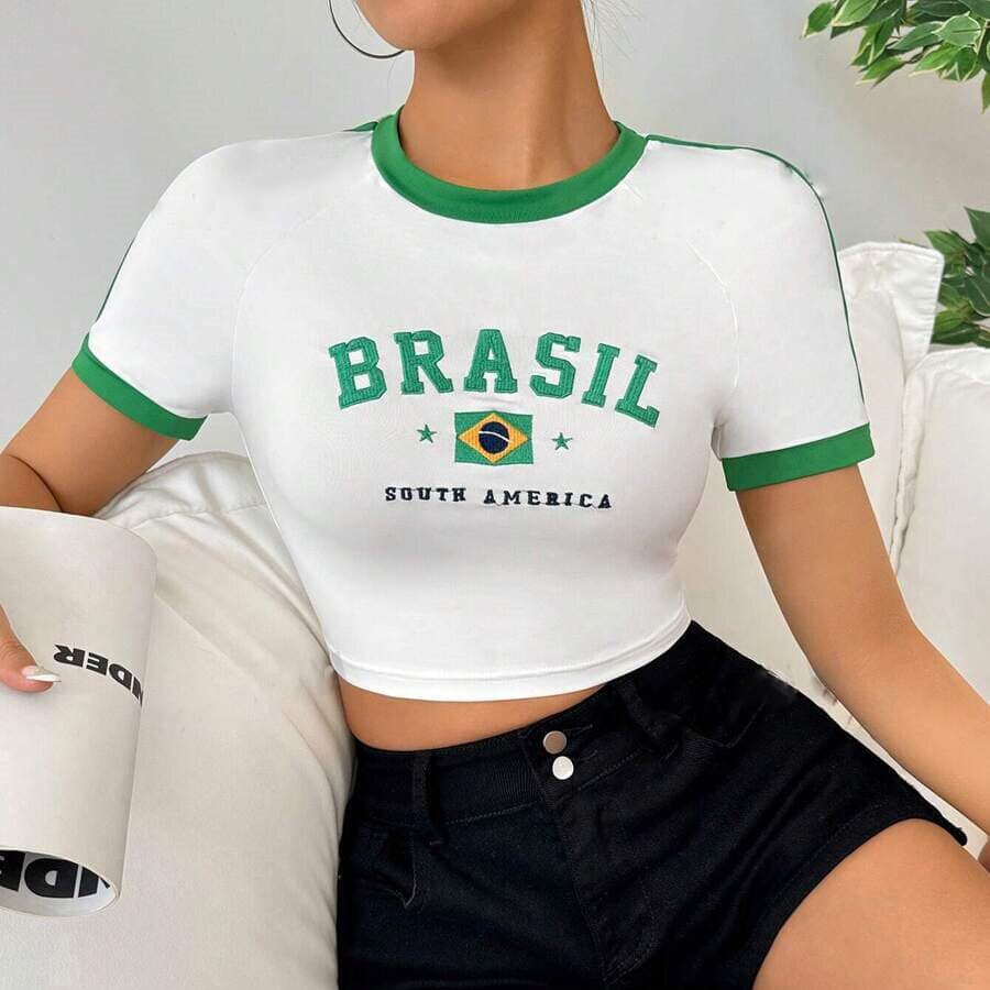 European and American Spring 2024 New Women's Short Sleeve Round Neck Casual Letter Embroidery Simple Style T-Shirt White Yellow