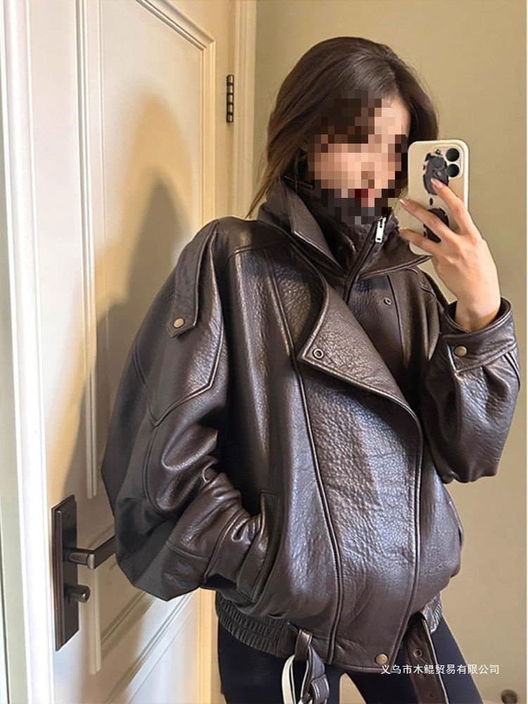 Cotton-padded Thick Imported Lamb Suede Leather Jacket Women's 2024 New Leather Women's Motorcycle Coat