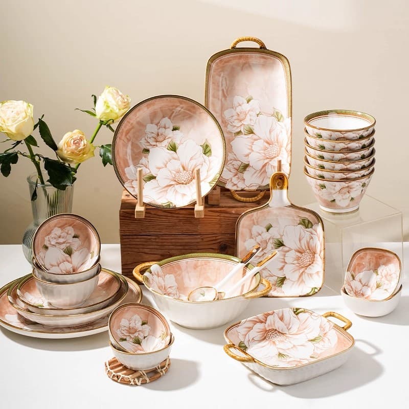 Japanese Camellia Bowl and Plate Set High-Gloss Under-glaze Ceramic Dinnerware Home Bowls Plates Soup Bowls Housewarming Gift
