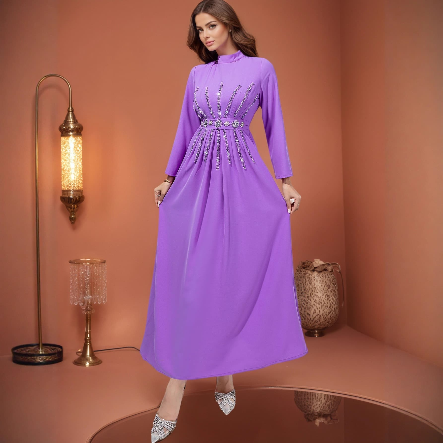 Zf5264 Lilac Purple Waist A-Line Design Seam Drill Dress Elegant Lady Style Long Skirt