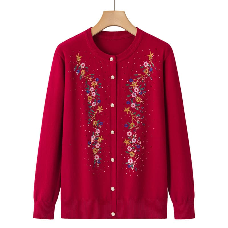 Middle-aged and elderly spring and autumn thin sweaters mother's knitted cardigan embroidered long-sleeved new fat grandma autumn clothes for women