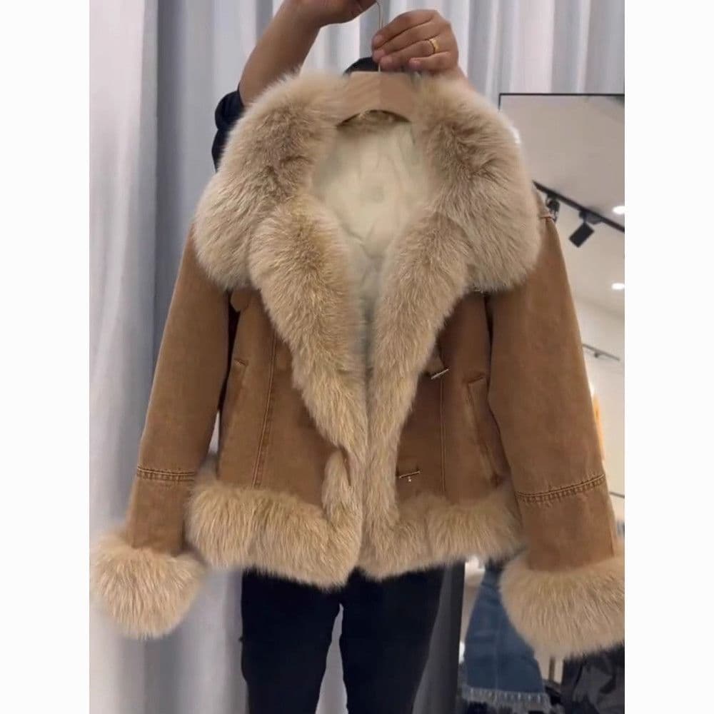 2025 Winter Women's Long Fur Short Coat Long Sleeve Fur Collar Fashion Versatile Outerwear Faux Fox Fur Plush Lined Thickened
