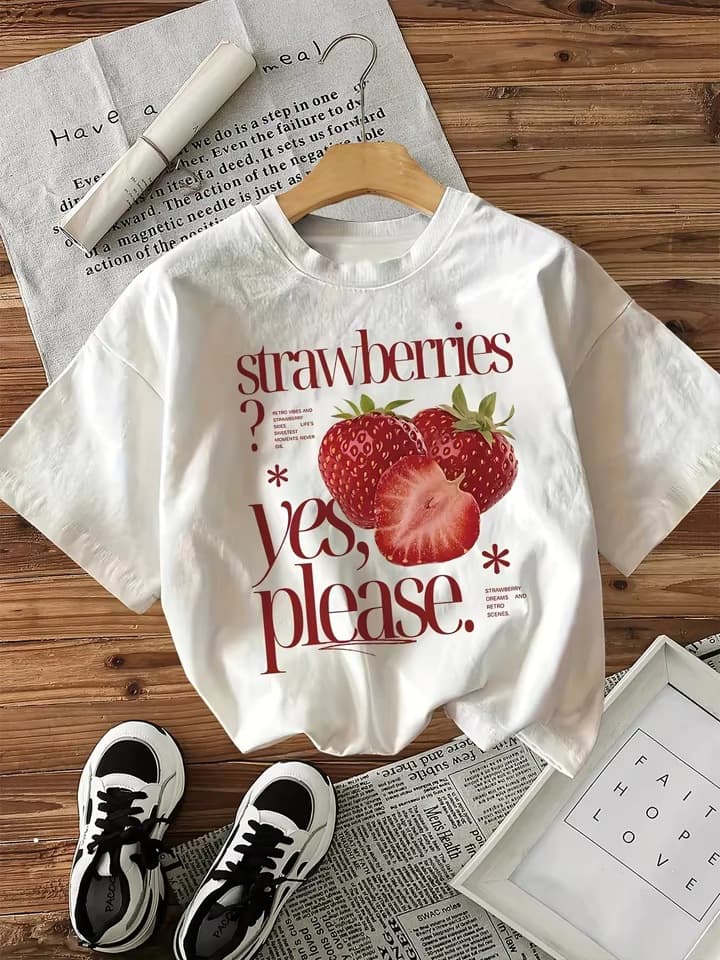 100% Cotton T-Shirt Strawberry Pattern Printed Women Vintage Casual Print T-Shirt Round Neck Short Sleeve Top T-Shirt