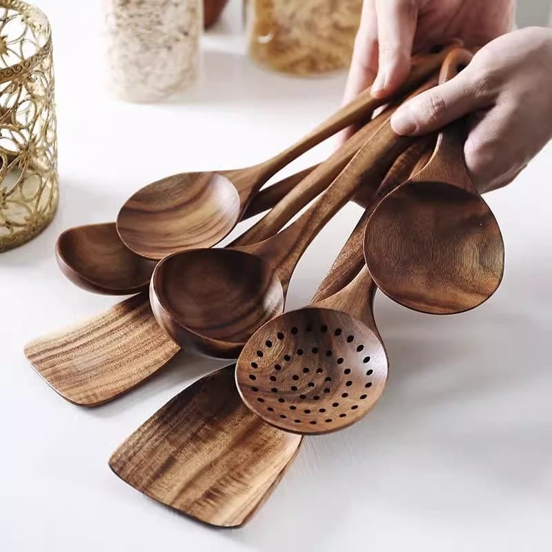 Teak Solid Wood High Temperature Resistant Cooking Spatula Wooden Shovel Rice Shovel Long Handle Soup Spoon Rice Spoon Household Kitchen Utensil Set