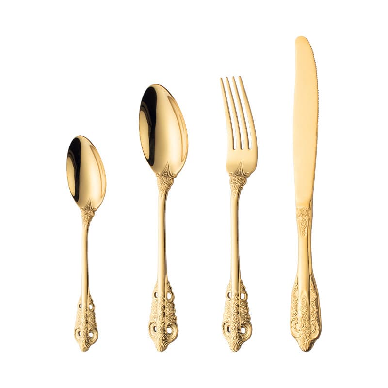 Cross-Border Royal Court Embossed Titanium-Plated Cutlery Gift Set, Luxury Vintage Palace 304 Stainless Steel Western Knife, Fork, and Spoon