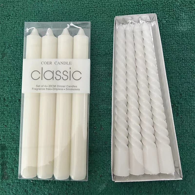 Classic European-style smokeless and odorless taper candles for romantic candlelight dinners, weddings, ivory white long twisted candles for illumination