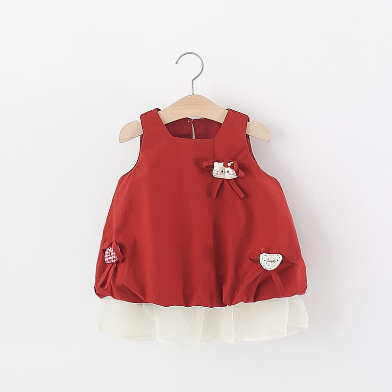 Girls Red Cat Dress Summer Thin Sleeveless Tank Top Dress 0-3 Years Old Baby Mesh Skirt Princess Dress