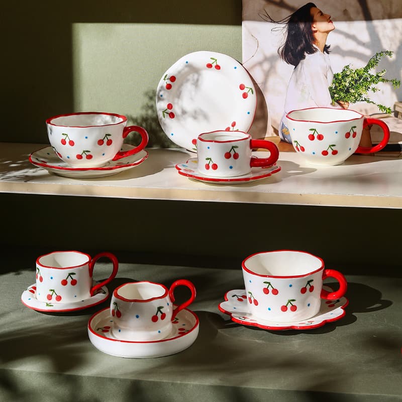 Creative handmade irregular ceramic cup and saucer cherry mug coffee shop dessert shop special cup bulk purchase