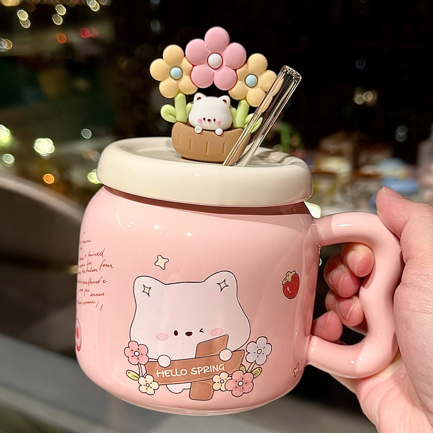 Cartoon West Highland Puppy Strawberry Cup Pink Girly Heart Ceramic Mug with Cover Home Couple Cup Souvenir