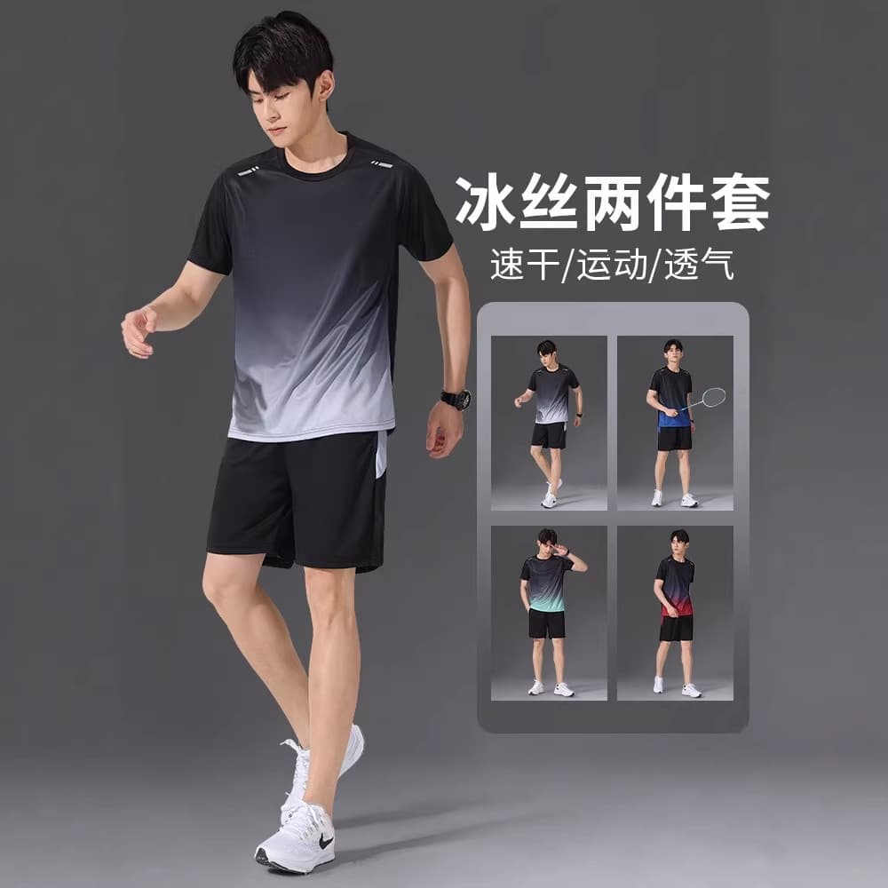 Men's Sport Suit Quick-Dry Ice Silk T-Shirt Short Sleeve Shorts Running New Summer Fitness Badminton Wear