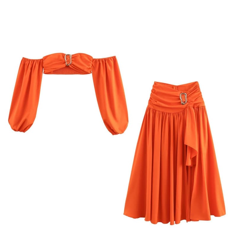 Wholesale New Summer Women's Pullover Ring-Decorated Long-Sleeve Crop Top with Side Slit Midi Skirt Set