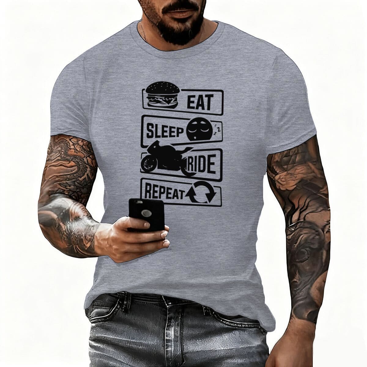 Motorcycle Printed T-Shirt for Men and Women, European Size, Pure Cotton, Round Neck, Short Sleeve