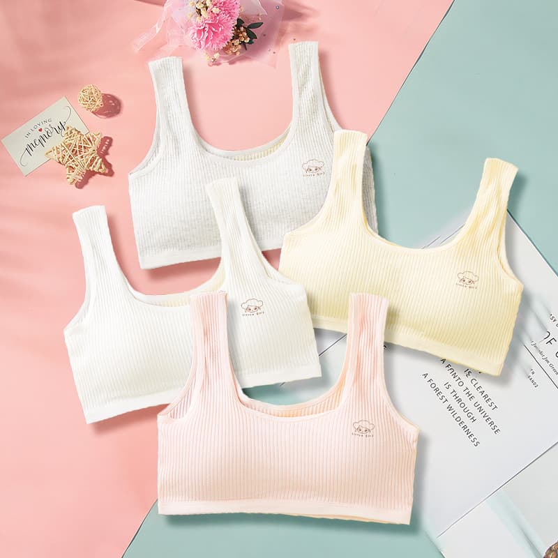 Underwear for Female Students Development Stage Teen Middle Schoolers Pure Cotton Gusset Double Layer Straps Bras High Schoolers Anti-Show-Through Tube Top