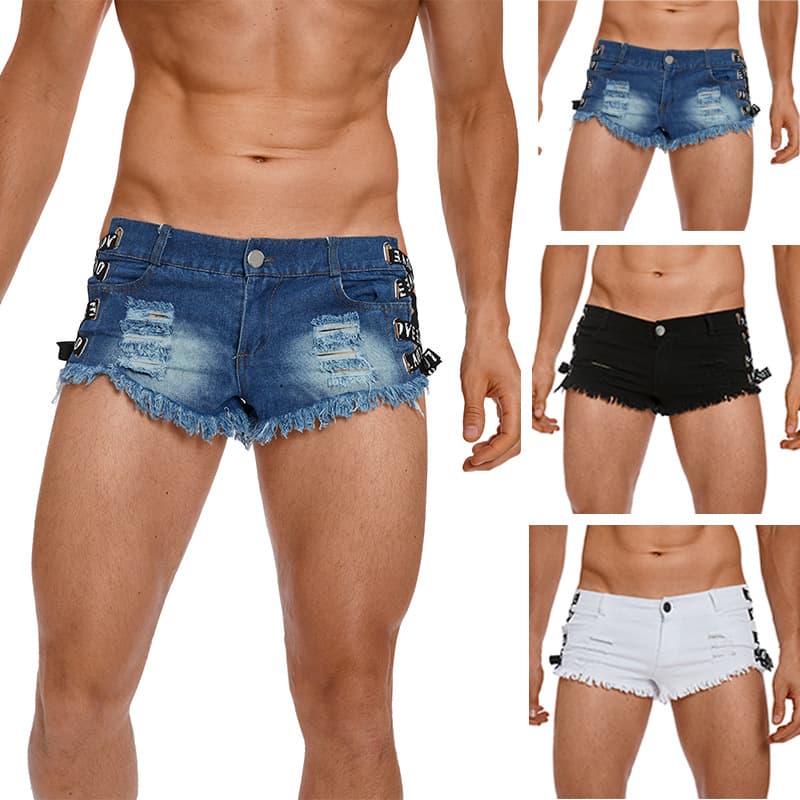 1808# New Sexy Men's Skinny Jeans Denim Shorts Low Waist Ultra Short Crossdresser Drag Queen Hollow Out
