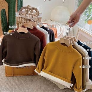 Kids Fleece-Lined Half High Neck Base Hoodie Autumn Winter Korean Style Stylish Boys Girls Integrated Fleece Inner Top
