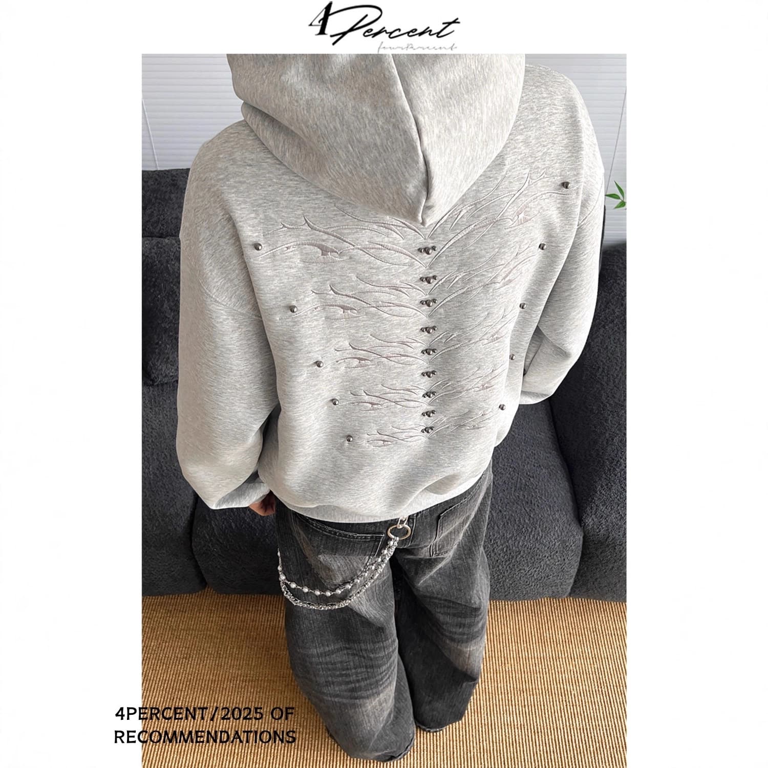 American Heavyweight Cleanfit Vintage Beaded Embroidery Design Hooded Fleece Sweatshirt Unisex Loose Casual Top