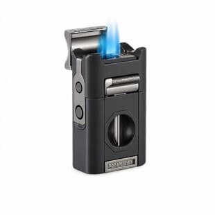 Zinc Alloy Multi-Functional Desktop Cigar Lighter with Cigar Cutter, Cigar Drill, and Ashtray Design, Quadruple Jet Flame, Windproof