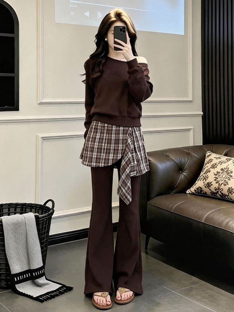 [Cotton-Like Twill Stretch 250g] Fall New Fashion Women's Set Off-Shoulder Hoodie and Wide-Leg Pants Two-Piece Set