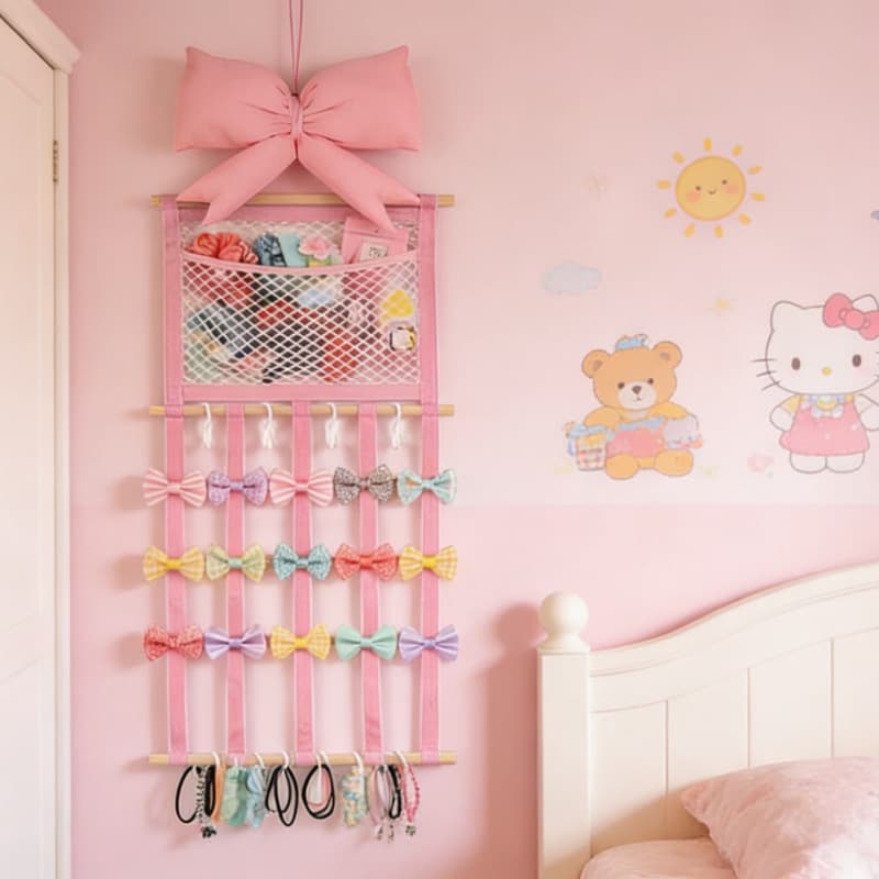 Amazon US/EU Girl Bow Hairband Mesh Bag Hair Accessory Storage Hanger for Girls' Room Bedroom Living Room