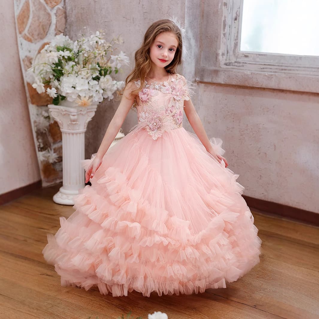 Girls' Formal Dress Pink Luxury High-End Trailing Birthday Princess Dress Children's Host Runway Piano Performance Long Gown
