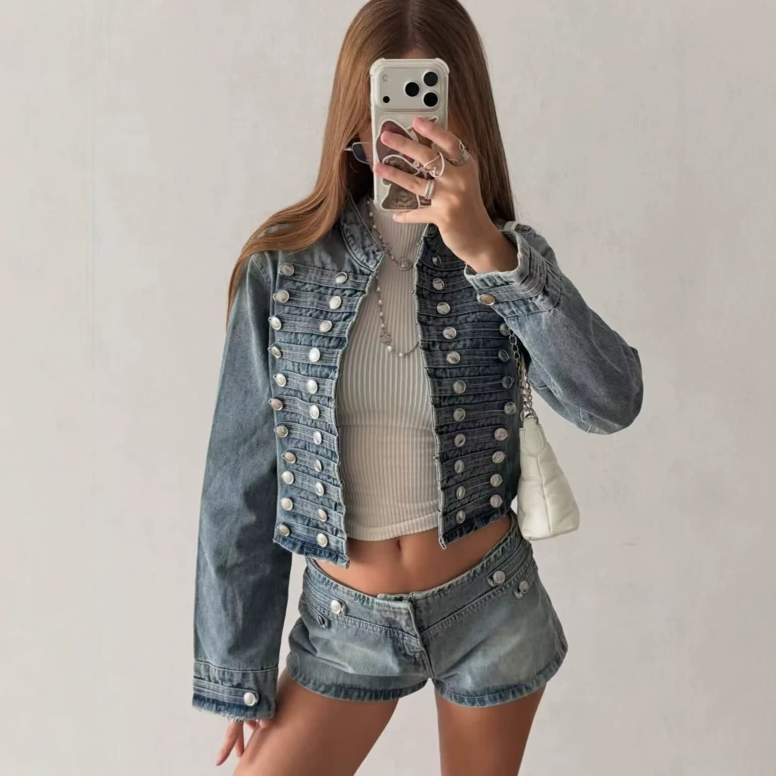 Cross-border hot style 2026 European and American ins style fashion suit round neck slim denim jacket 0695274