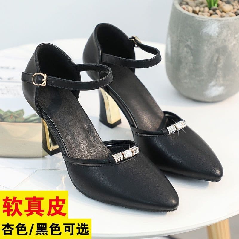 Baotou Sandals, Summer One-Strap Buckle Thick-Heeled High-Heeled Sandals, Mid-Heel Versatile Soft Leather Shoes, Others