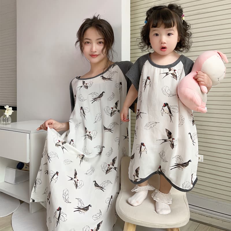 Clearance Bamboo Cotton Gauze Short Sleeve Family Matching Sleep Dress Baby Home Wear Children's Pajamas Girls' Home Wear Summer Style