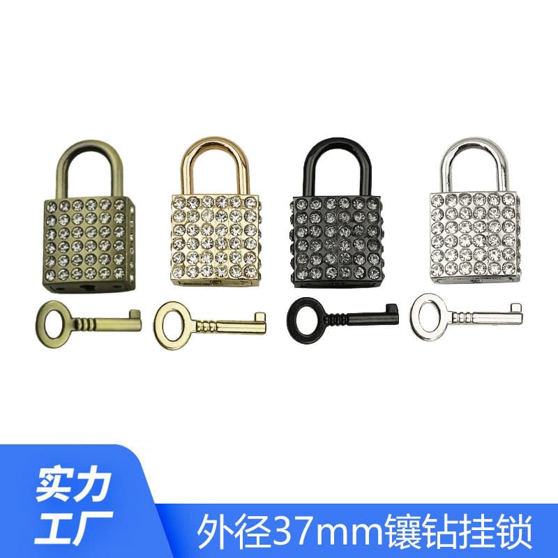 Luggage and handbag hardware accessories, zinc alloy die-cast rhinestone-encrusted small square lock, light gold decorative padlock for bags and handbags.