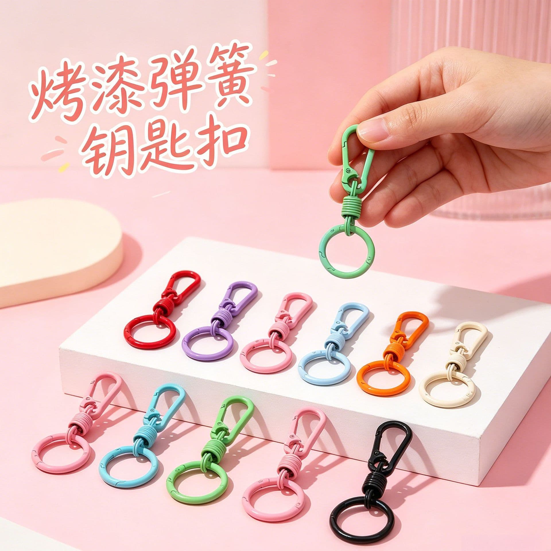 Candy Color DIY Bag Charm Plush Toy Pendant, Spring Buckle, Baked Enamel Keychain, Alloy Material Accessories, Figure 8 Carabiner
