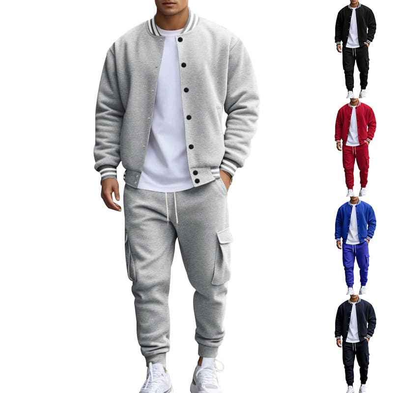 Cross-border Foreign Trade Autumn/Winter American Style Stand-up Collar Baseball Jacket Pants Fleece Casual Jacket Men's Loose Sportswear Set Men