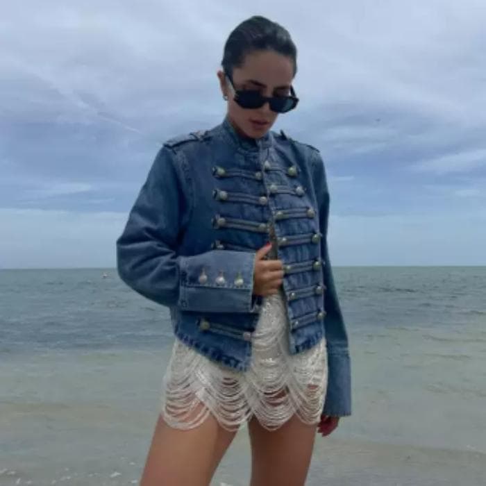 In Stock - New European and American Classic Napoleon Jacket with Metal Bone Button Design, Shoulder Strap, Washed Denim Crop Top