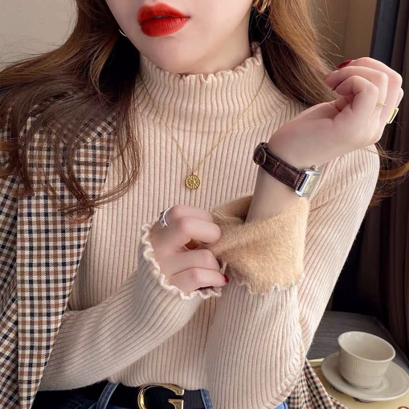 Fleece-Lined Sweater Women Winter Thickened Integrated Fleece Inner Wear Semi-High Neck Base Layer 2023 Autumn/Winter New Arrival Warm Top