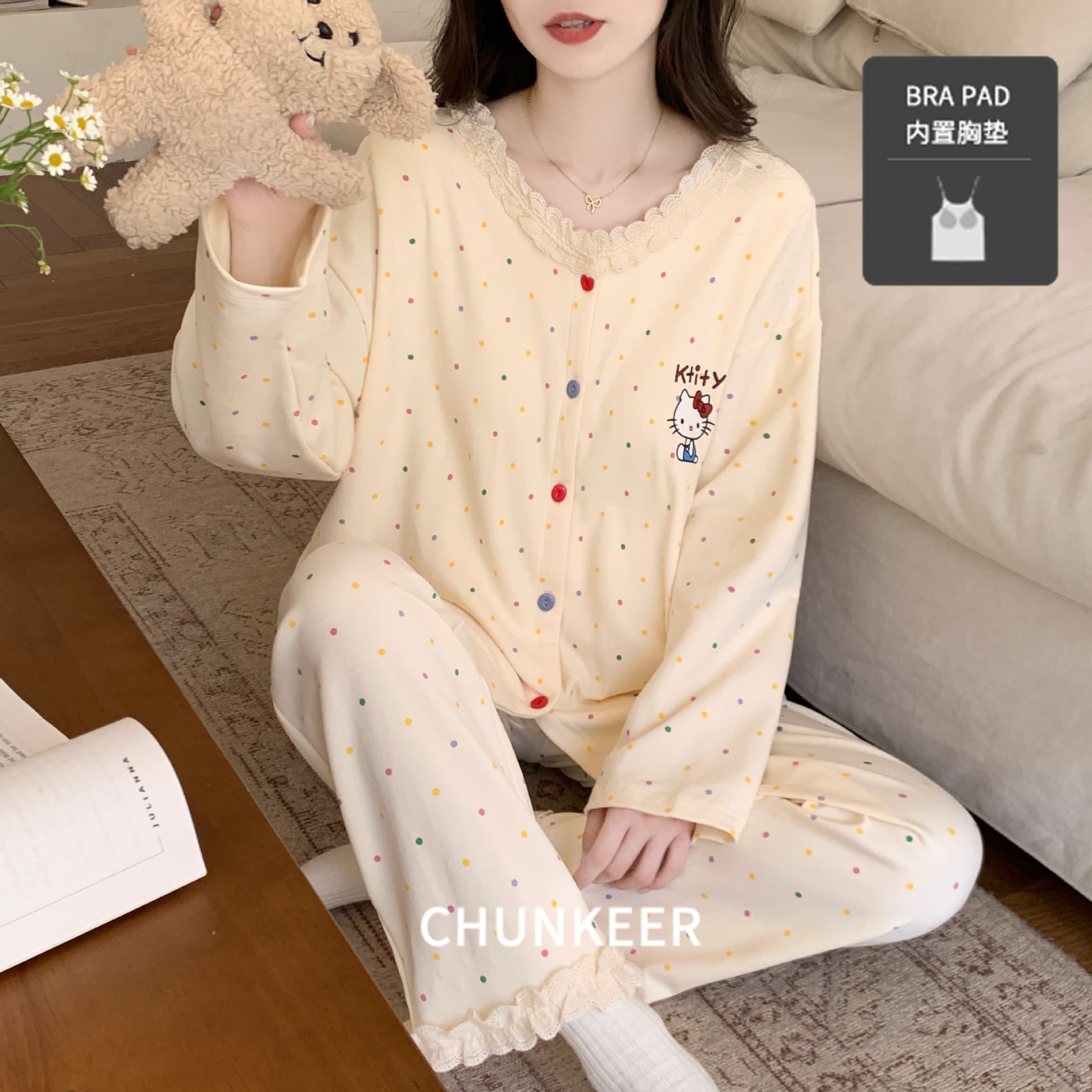 Long Sleeve Pajama Set with Padded Bra for Women, Autumn New Korean Style Sweet Lace Trim Cardigan Plus Size Loungewear Set