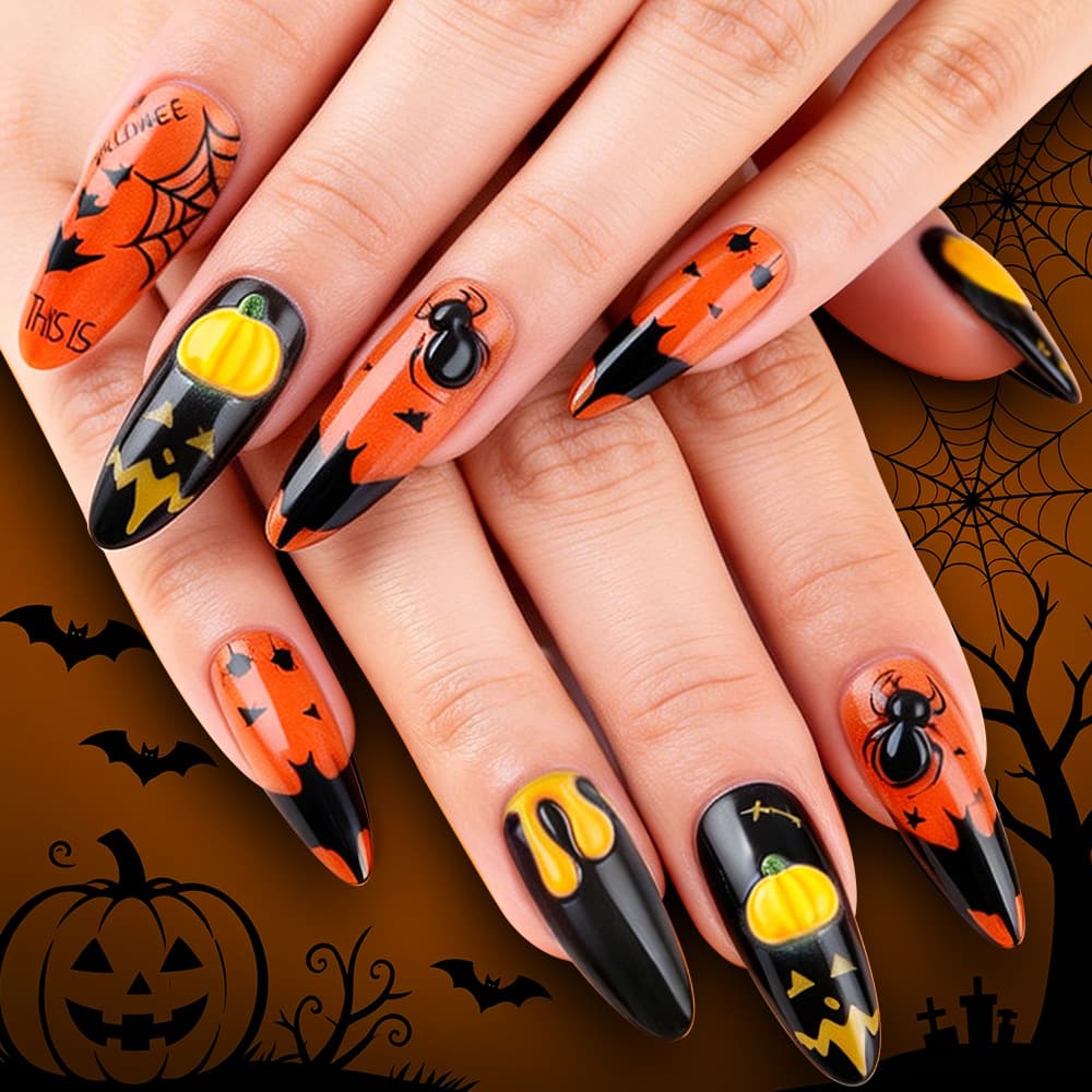 Pumpkin Rhapsody Halloween Theme Nail Tips Embossed Spider Pumpkin Cool Dark Style 30-Piece Removable Nails