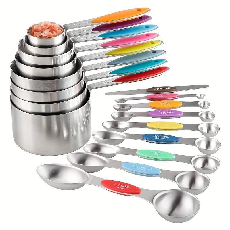 Spot color silicone handle stainless steel measuring cup measuring spoon 8-piece set baking tool measuring spoon seasoning spoon wholesale