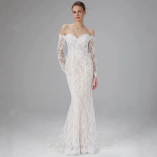 Wedding Dress One-Shoulder Long Sleeve Lace Mermaid Wedding Dress Waist-Cinching Bride Main Dress Banquet Wedding Dress