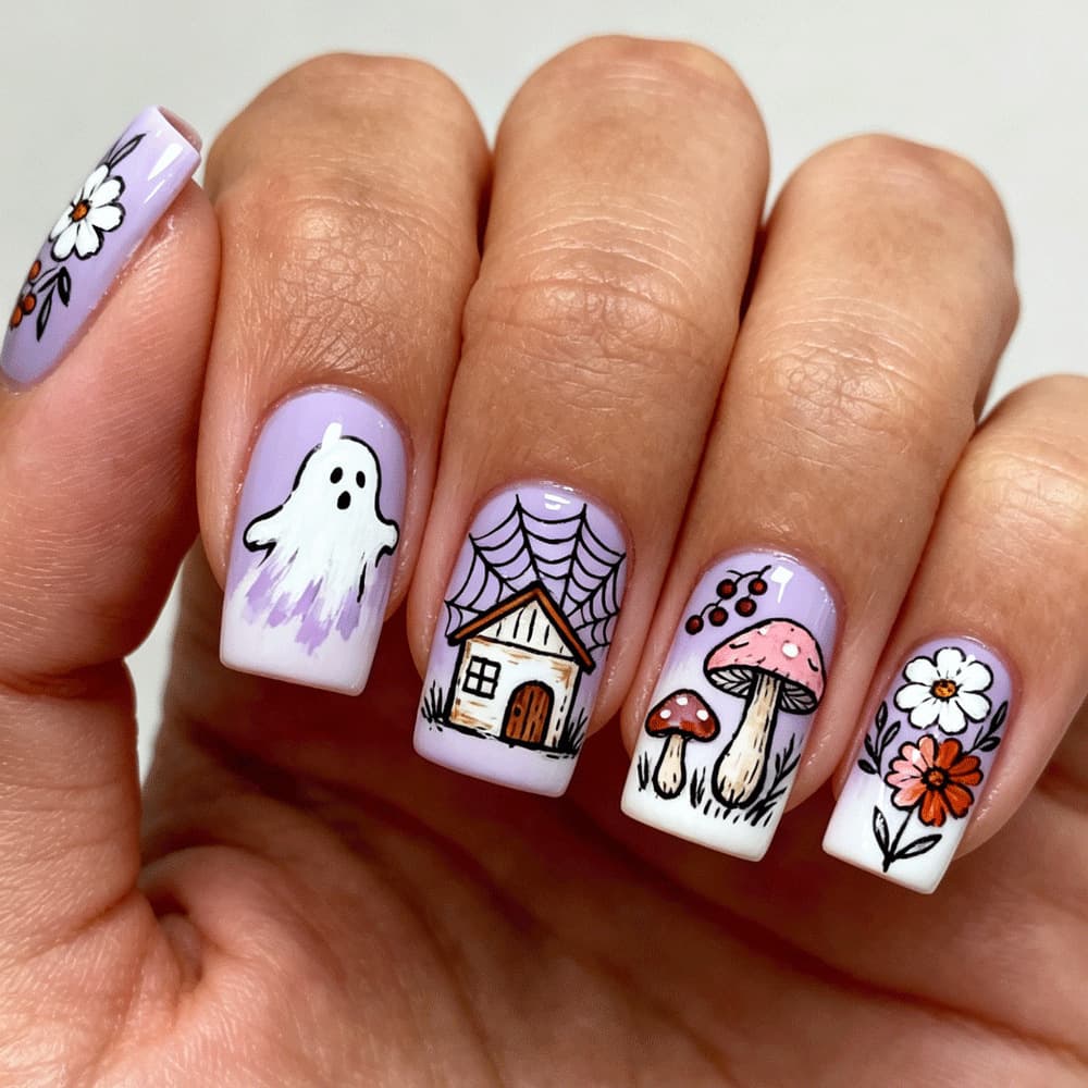 Export Wearable Nails Ins Personality Purple Printed Ghost Spider Mushroom Medium Square Press On Nails False Nails